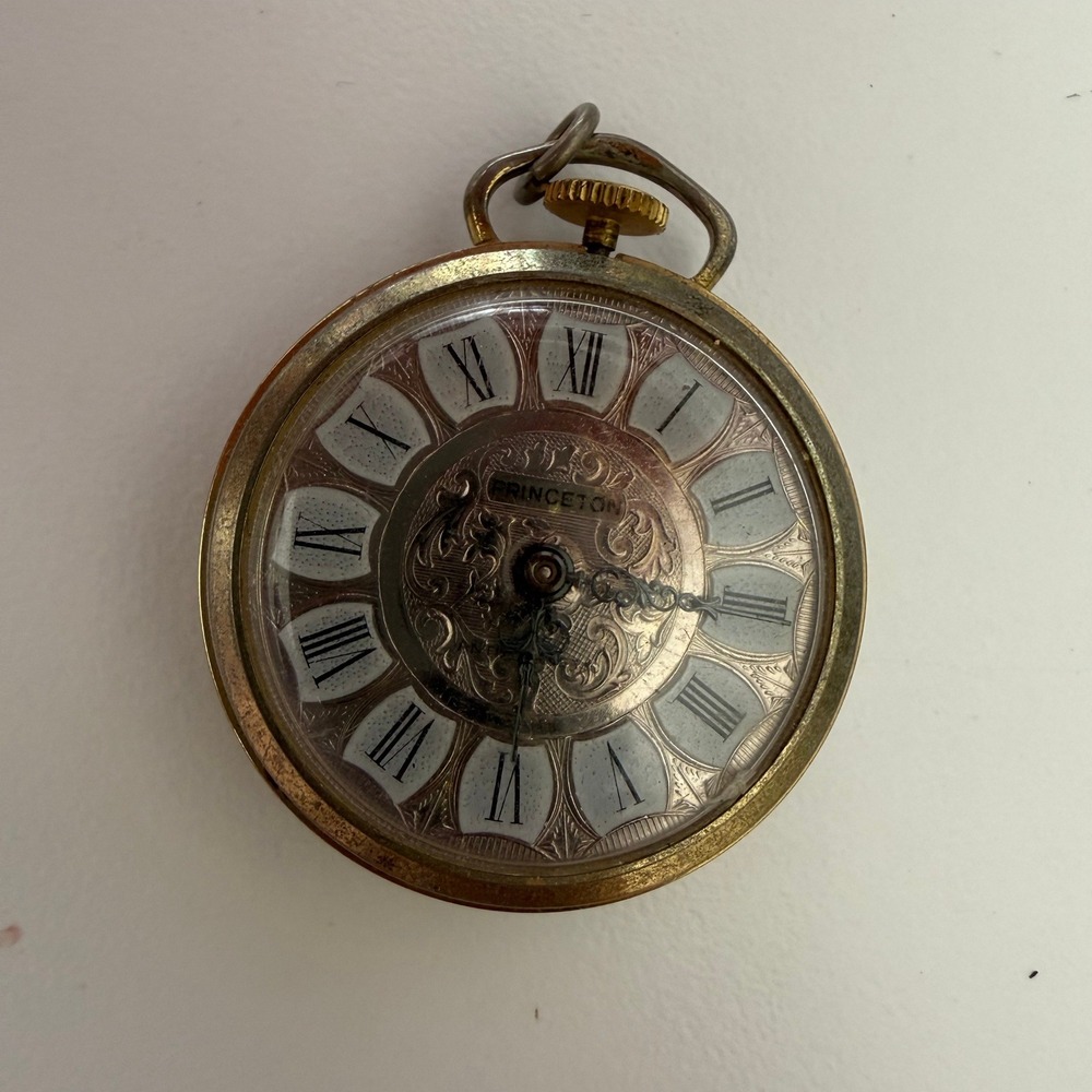 Vintage Princeton Pocket Watch Gold Tone Ornate Engraved Roman Numerals
